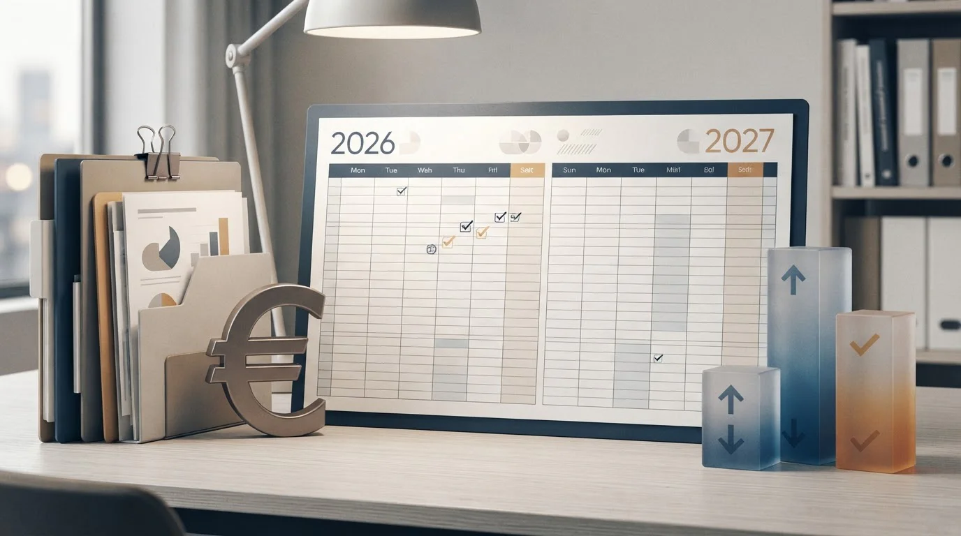 Ilustración editorial sobre IRPF, calendario 2026 y 2027 y límites de depósito en euros