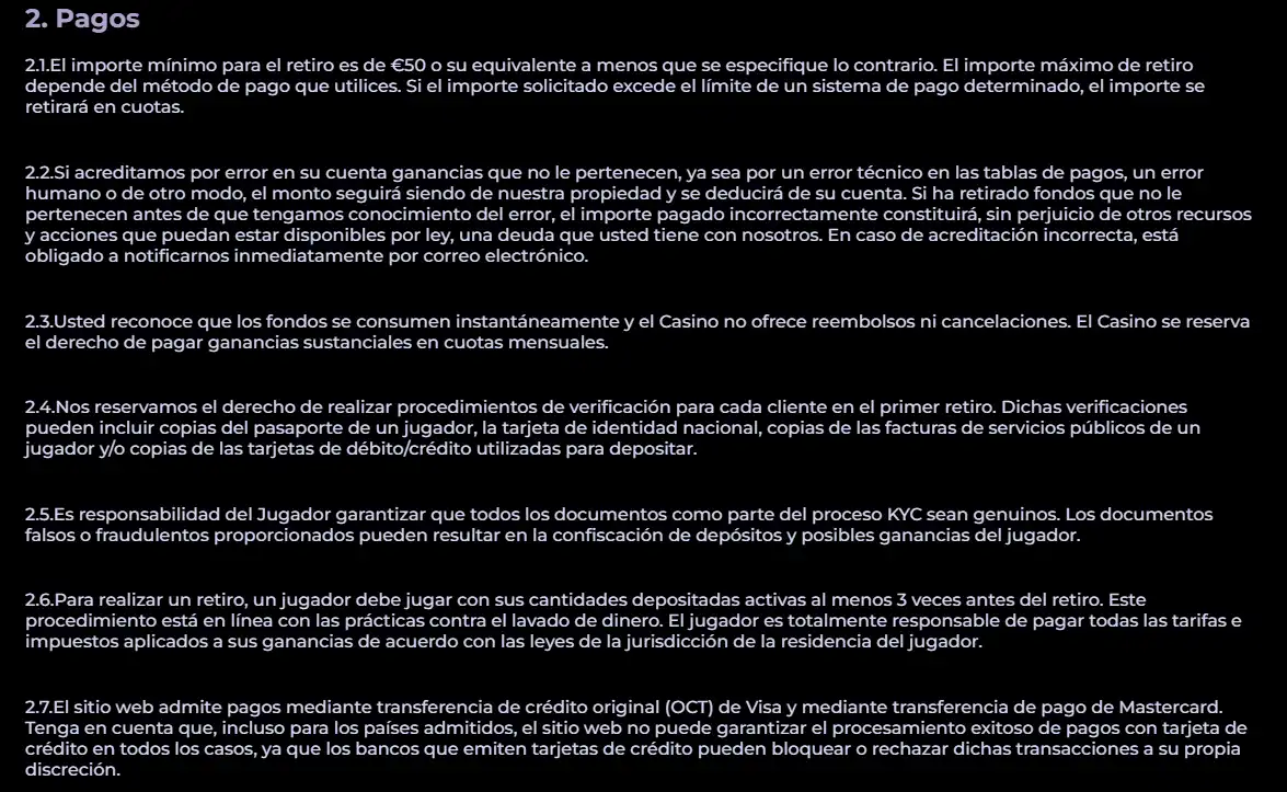 Captura de la sección oficial de payouts y withdrawals de Bettyspin con reglas de retirada