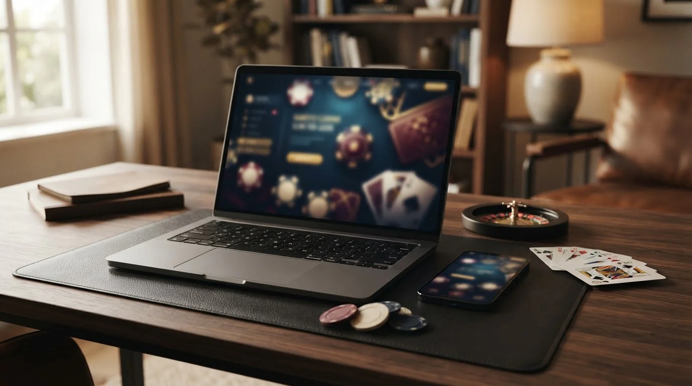 Ilustración editorial de una experiencia de casino online en móvil y escritorio